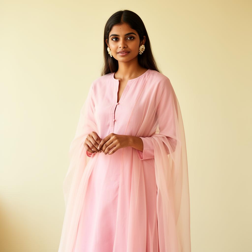 Young woman in a soft pink kurta set with chiffon dupatta